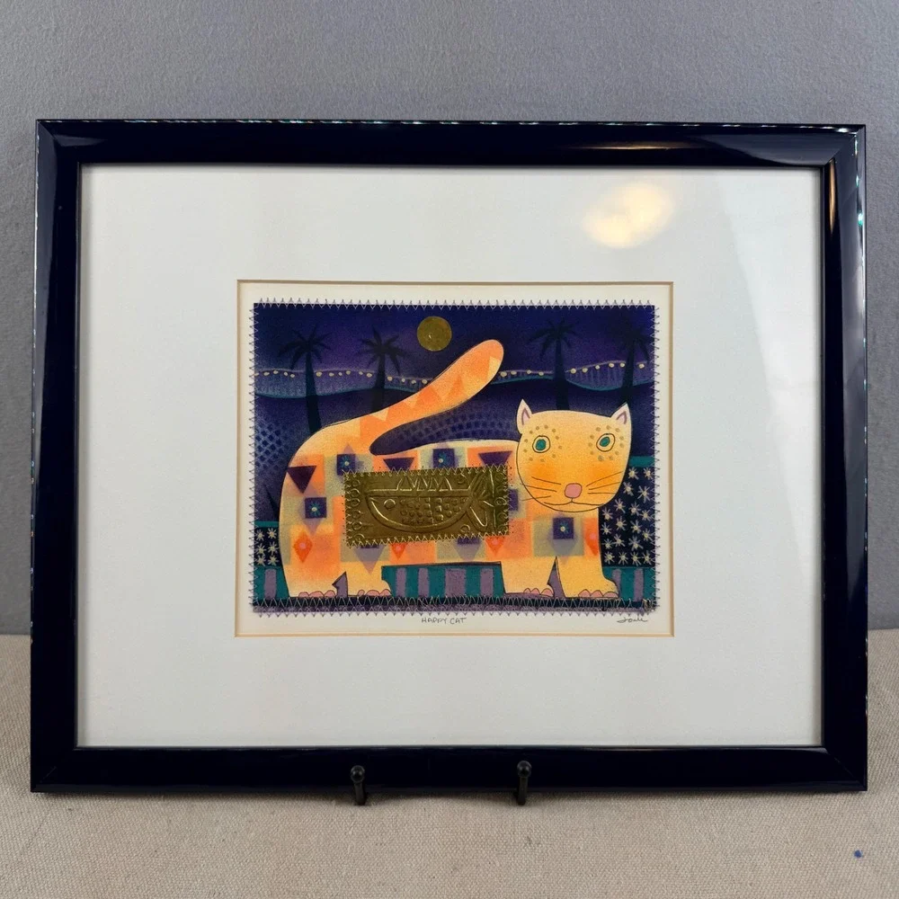Terry McIlrath Joule Happy Cat Mixed Media Painting Embroidery Gold Foil Framed